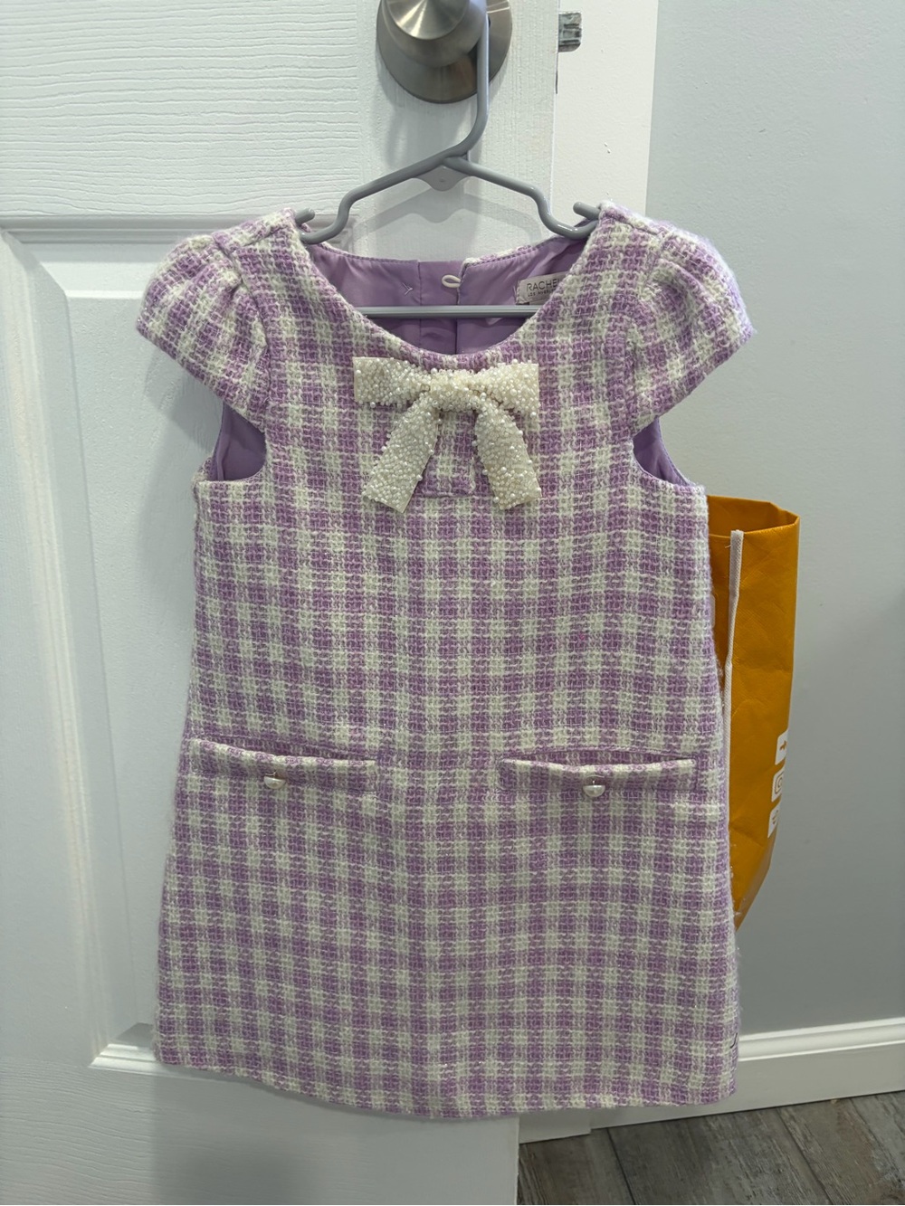 Rachel Zoe Lilac and Cream Check Tweed Dress with Pearl Bow